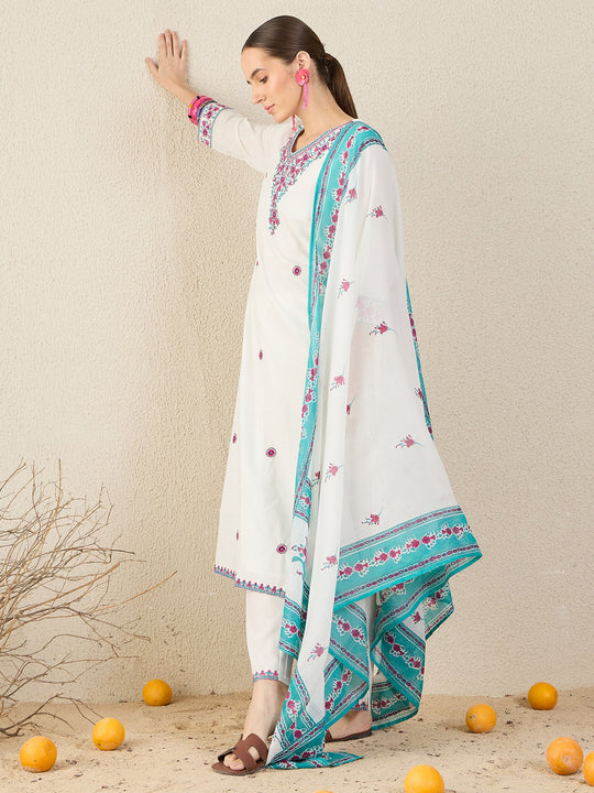 White Embroidered Pure Cotton Straight Suit Sets With Dupatta