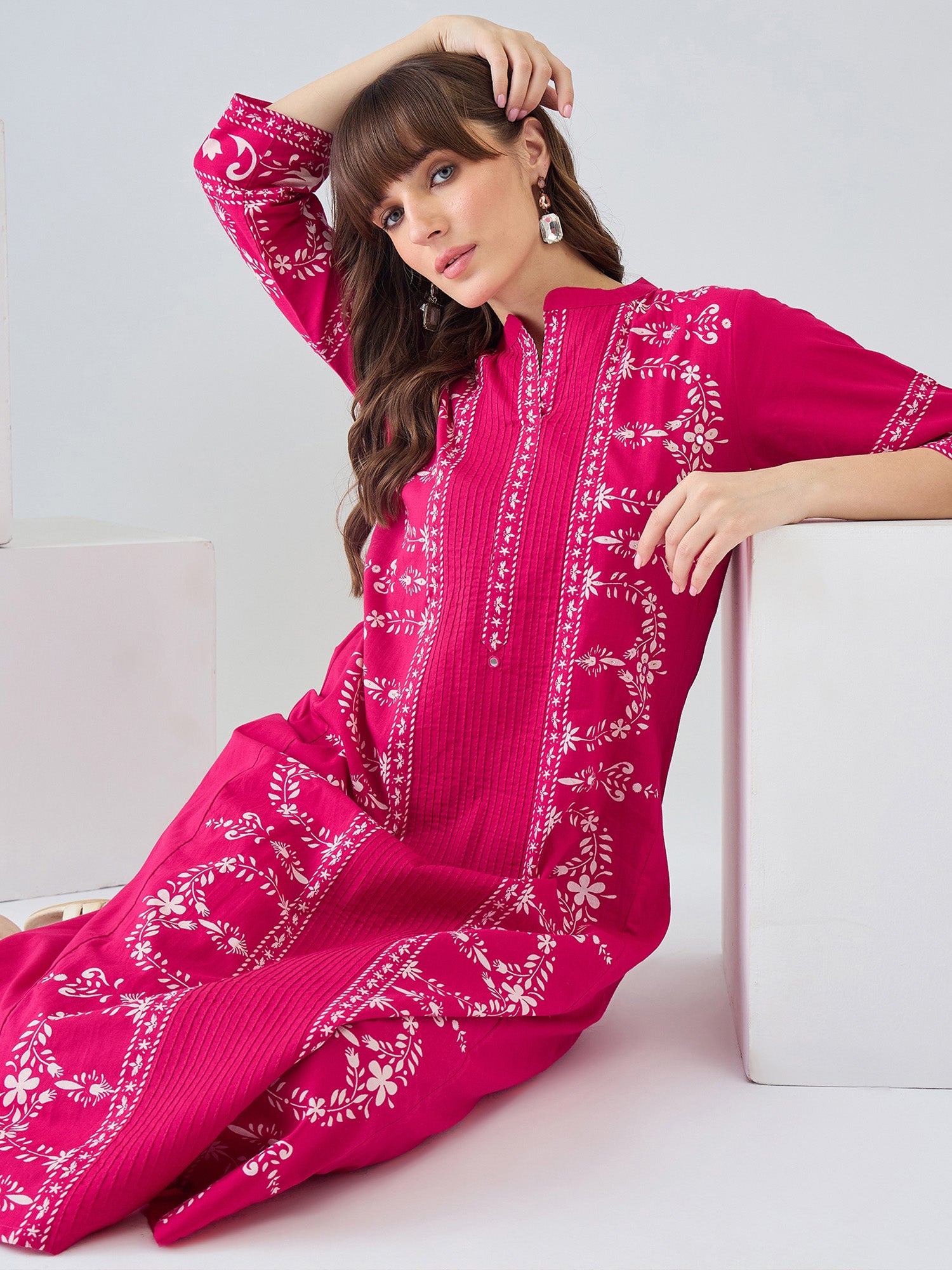 Indo Era Pink Printed A-Line Kurta Trousers Set