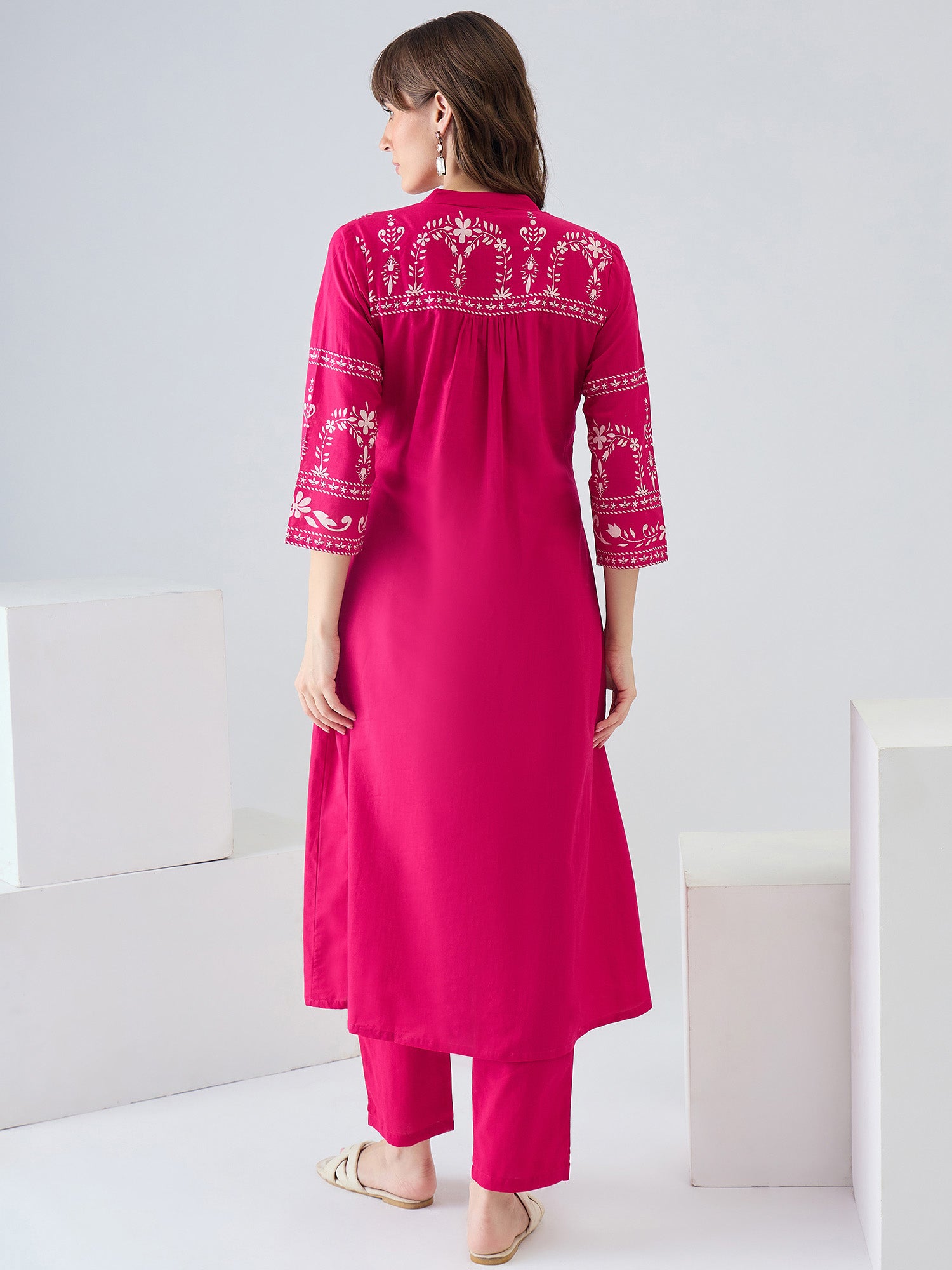 Indo Era Pink Printed A-Line Kurta Trousers Set