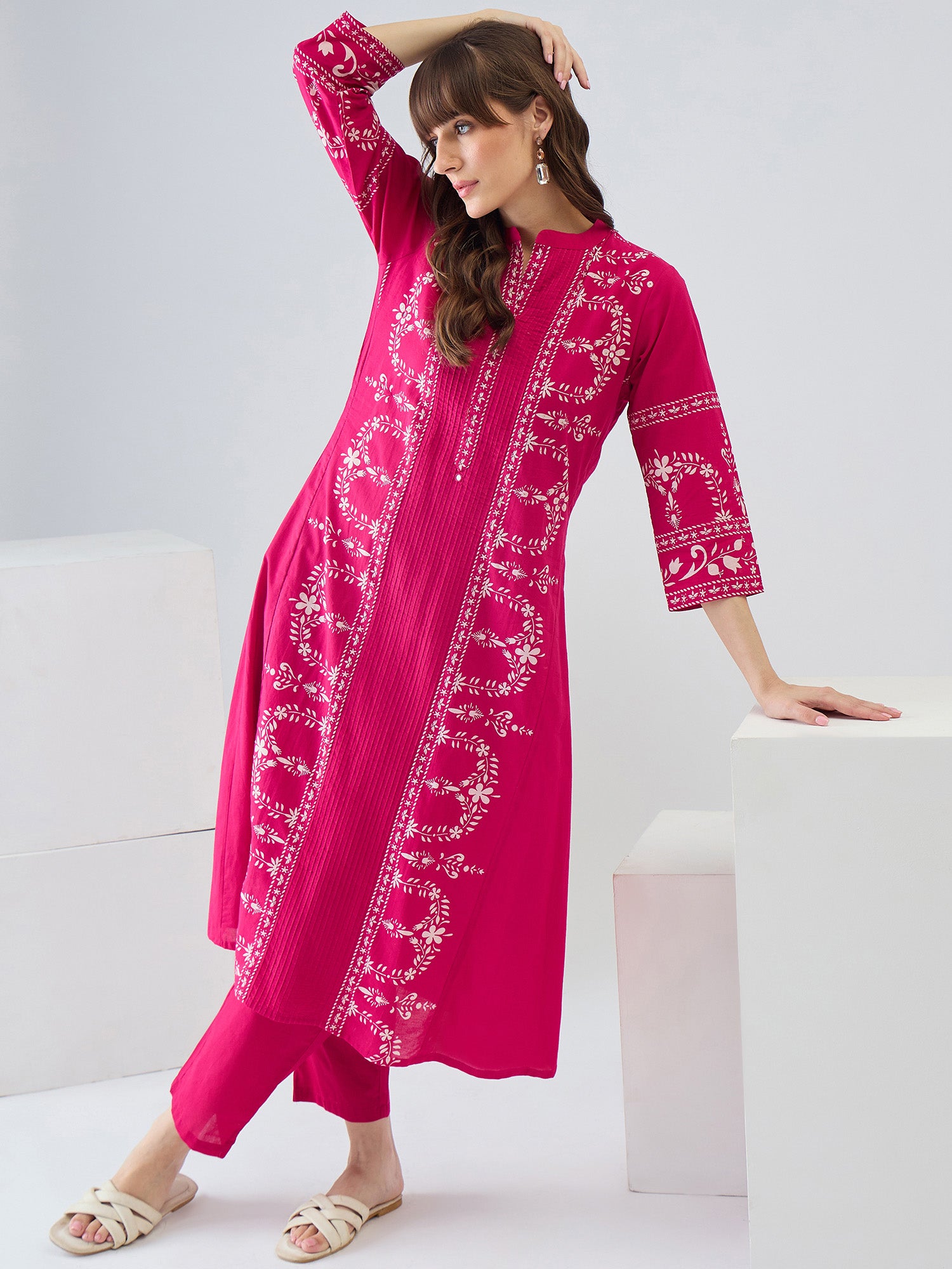 Indo Era Pink Printed A-Line Kurta Trousers Set
