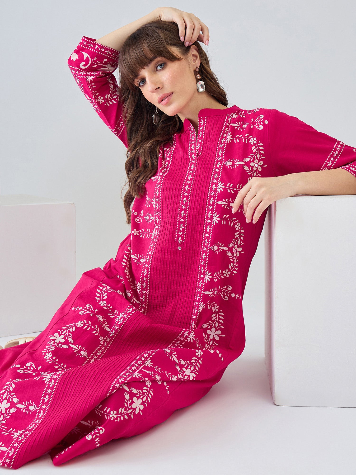 Indo Era Pink Printed A-Line Kurta Trousers Set