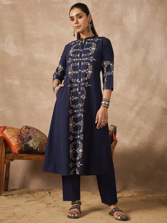 Indo Era Navy Blue Printed A-Line Kurta Trousers Set
