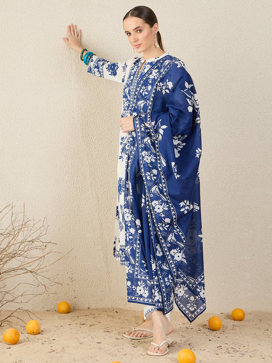 White Printed Pure Cotton Straight Suit Sets With Dupatta