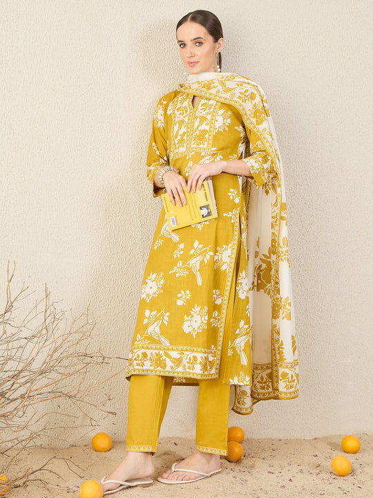 Yellow Printed Pure Cotton Straight Suit Sets With Dupatta