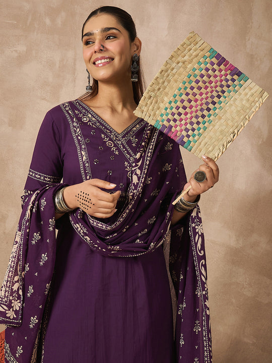 Indo Era Purple Printed Straight Kurta Trousers With Dupatta set