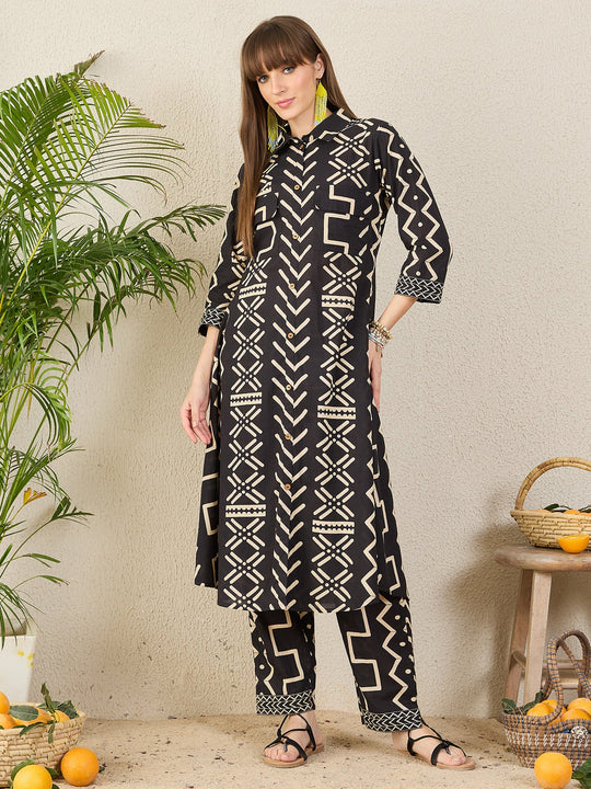Black Printed Pure Cotton A-Line Kurta Trousers Set