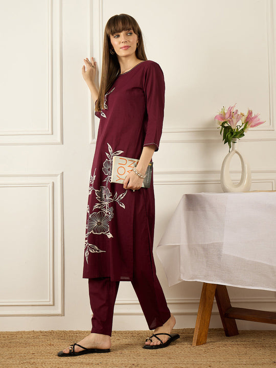 Indo Era Burgundy Printed Straight Kurta Trousers set