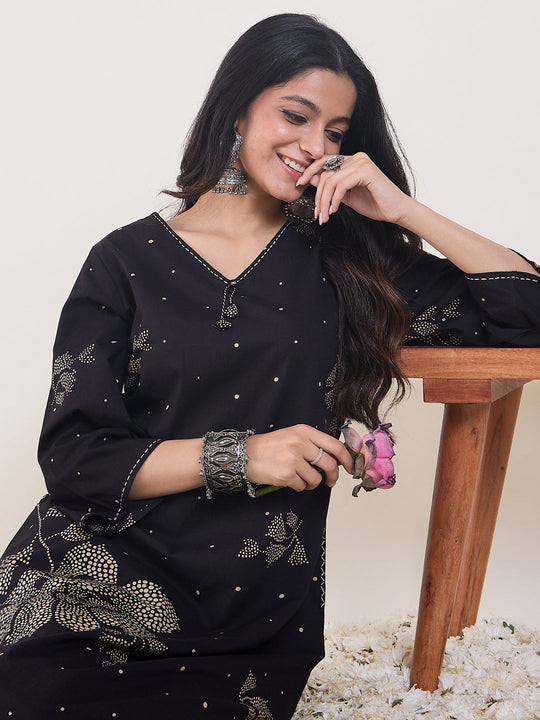 Indo Era Black Printed A-Line Kurta Trousers Set