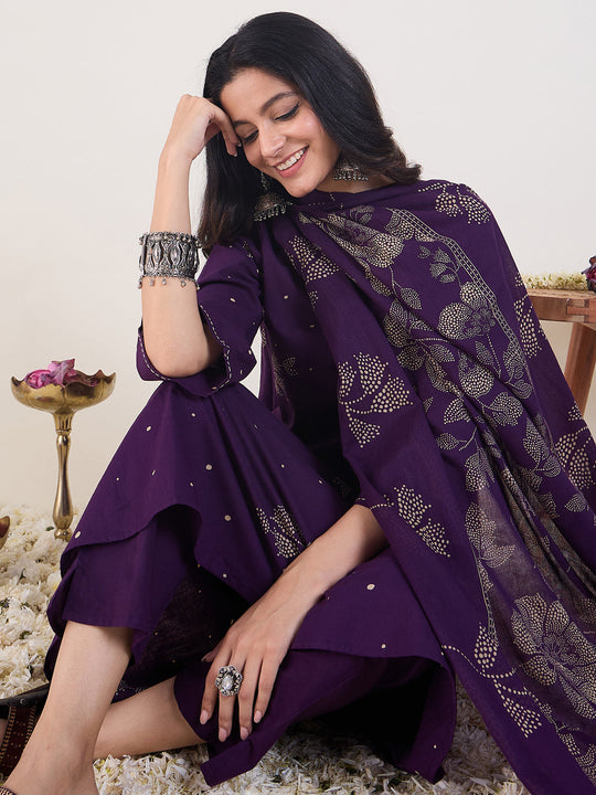 Indo Era Purple Printed Straight Kurta Trousers With Dupatta set