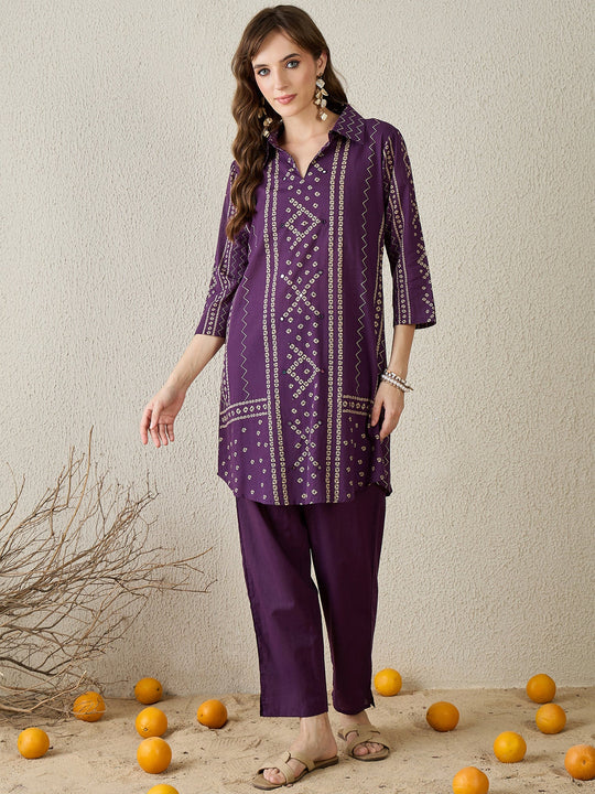 Purple Printed Pure Cotton A-Line Kurta Trousers Set
