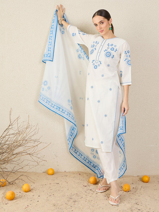 White Embroidered Pure Cotton Straight Suit Sets With Dupatta