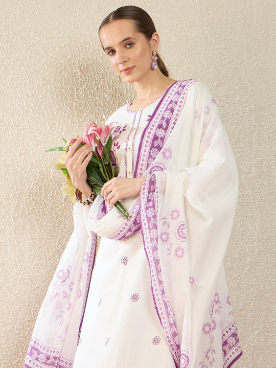 Indo Era White Embroidered Straight Kurta Trousers With Dupatta Set
