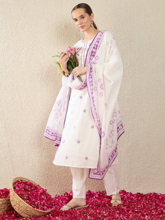 Indo Era White Embroidered Straight Kurta Trousers With Dupatta Set