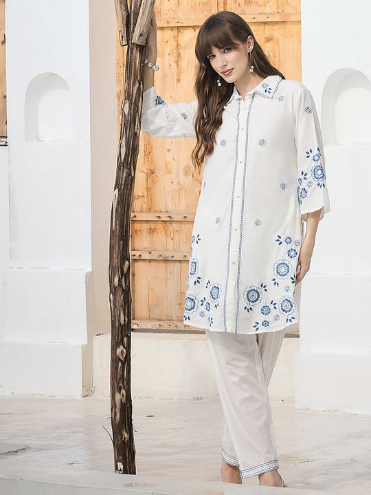 White Embroidered Pure Cotton A-Line Kurta Trousers Set