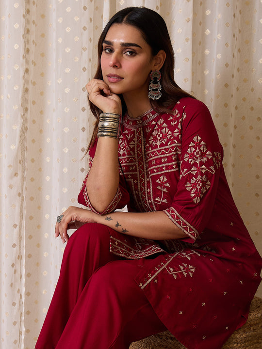 Red Embroidered Viscose Rayon Straight Kurta Trousers Set