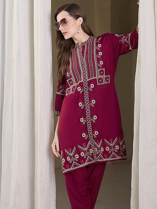 Burgundy Embroidered Viscose Rayon Straight Kurta Trousers Set