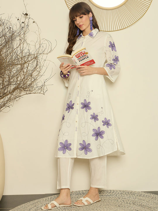 White Embroidered Pure Cotton A-Line Kurta Trouser Set