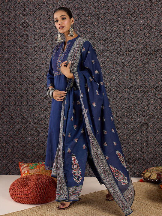 Indo Era Blue Printed Straight Kurta Trousers With Dupatta Set