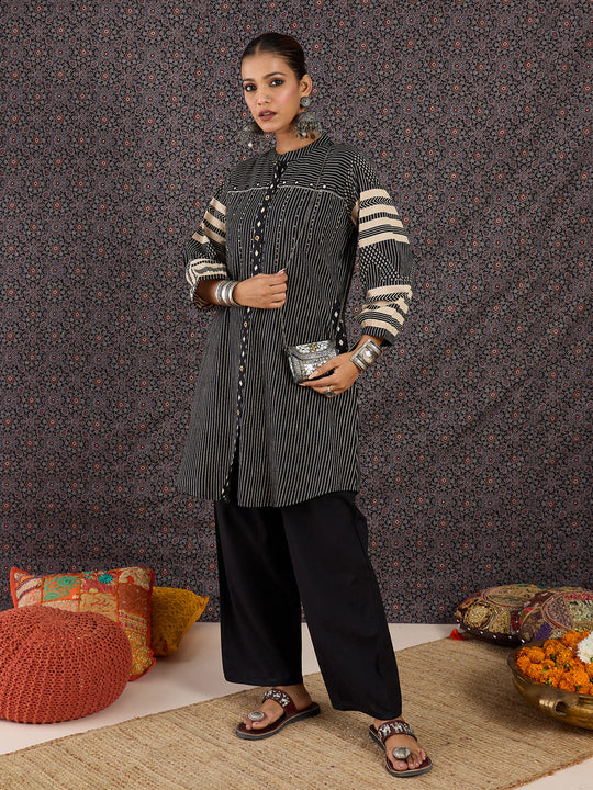 Indo Era Black Printed A-Line Kurta Trousers set