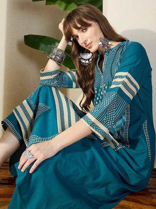 Teal Printed Pure Cotton A-Line Kurta Trousers Set