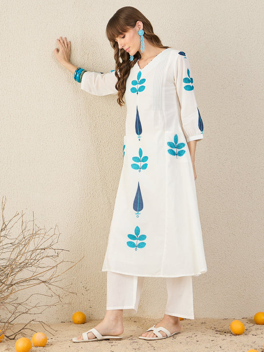 White Printed Pure Cotton A-Line Kurta Palazzo Set