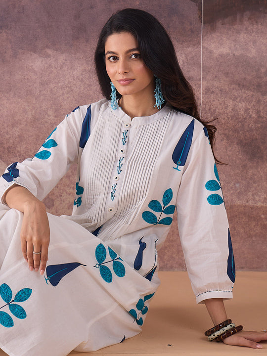 Indo Era White Printed A-Line Kurta Palazzos NA Set