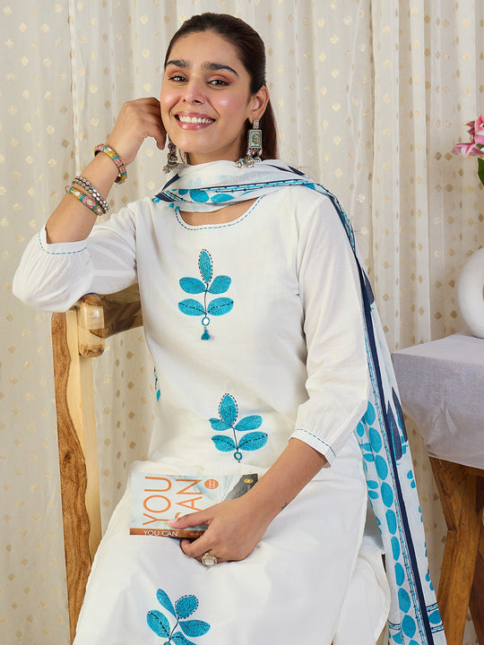 Indo Era White Printed Straight Kurta Palazzos With Dupatta Set
