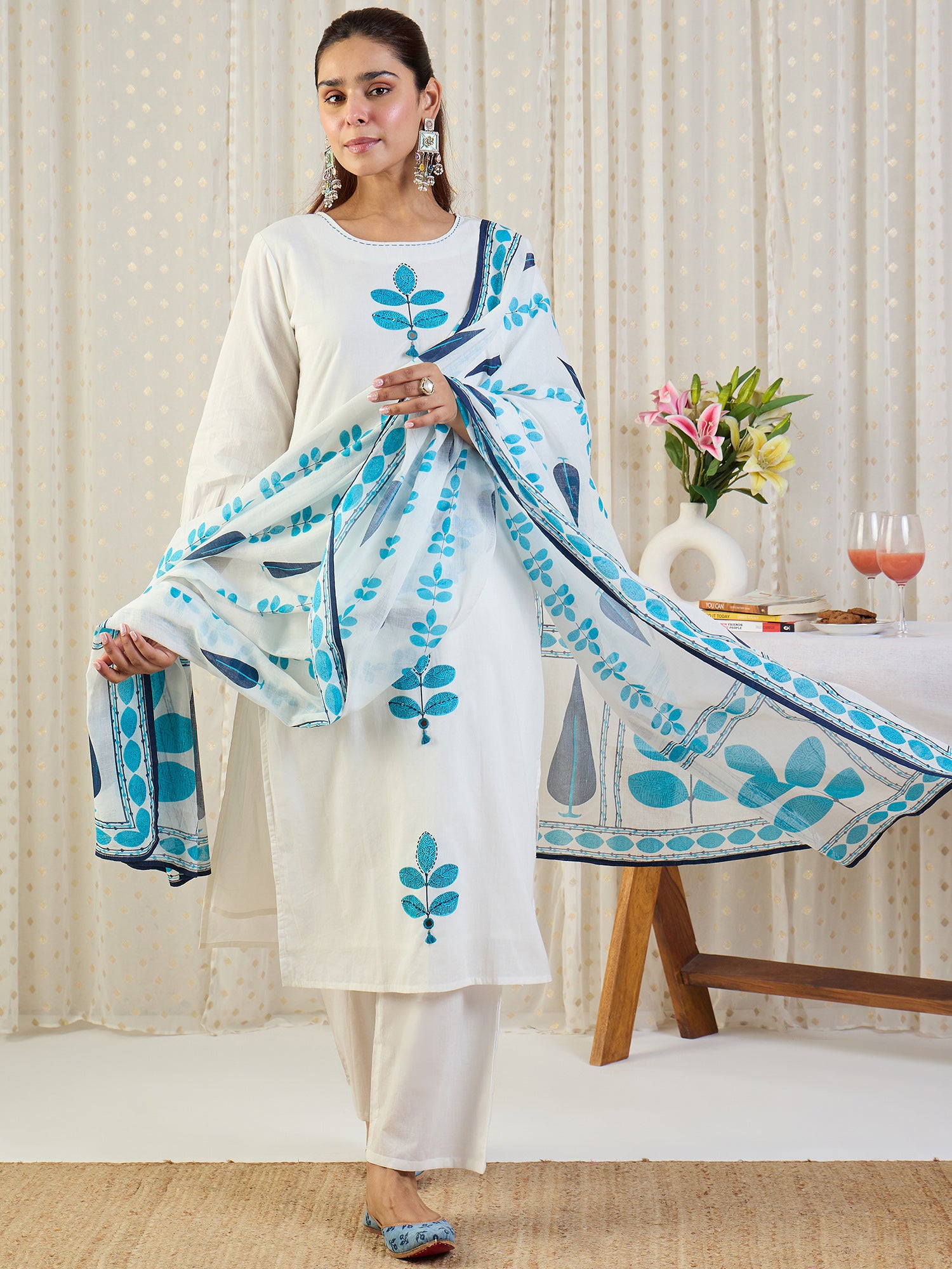 Indo Era White Printed Straight Kurta Palazzos With Dupatta Set