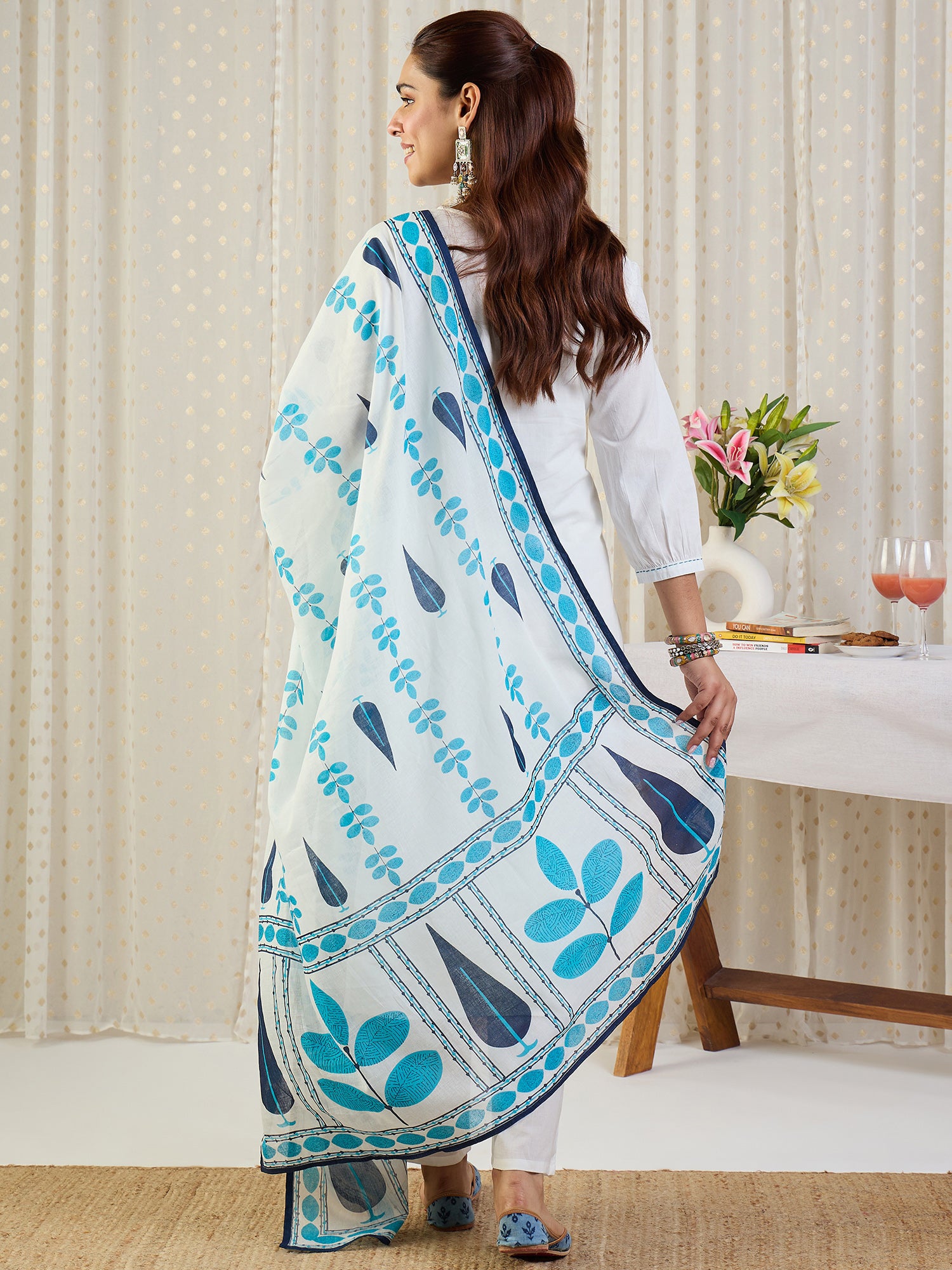 Indo Era White Printed Straight Kurta Palazzos With Dupatta Set