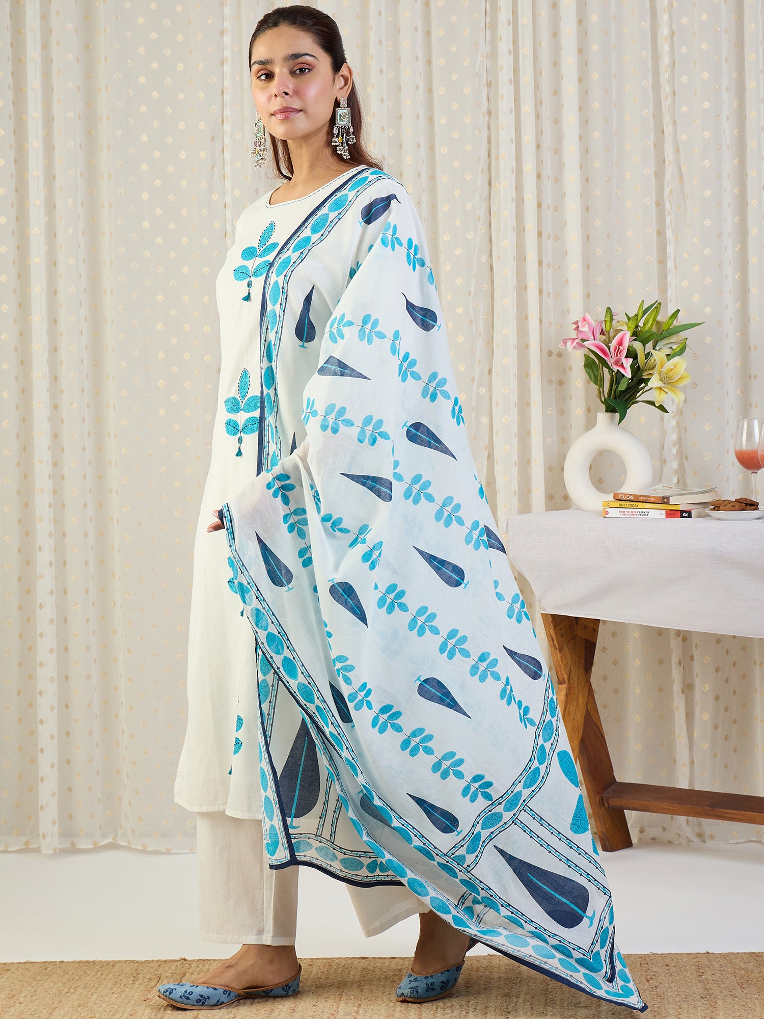 Indo Era White Printed Straight Kurta Palazzos With Dupatta Set