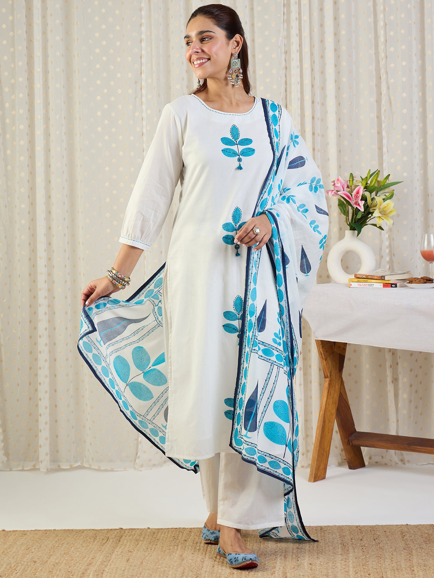 Indo Era White Printed Straight Kurta Palazzos With Dupatta Set
