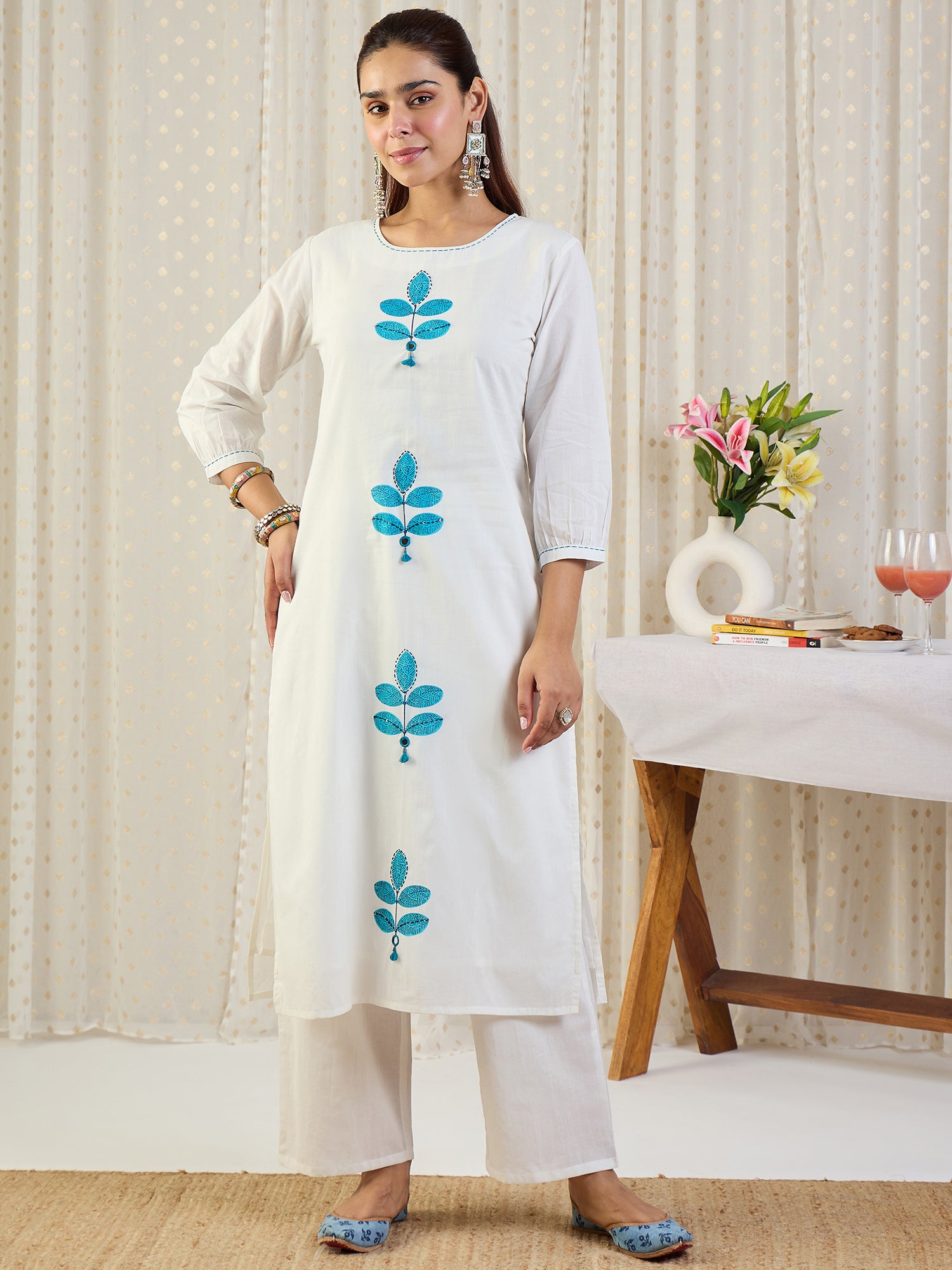 Indo Era White Printed Straight Kurta Palazzos With Dupatta Set