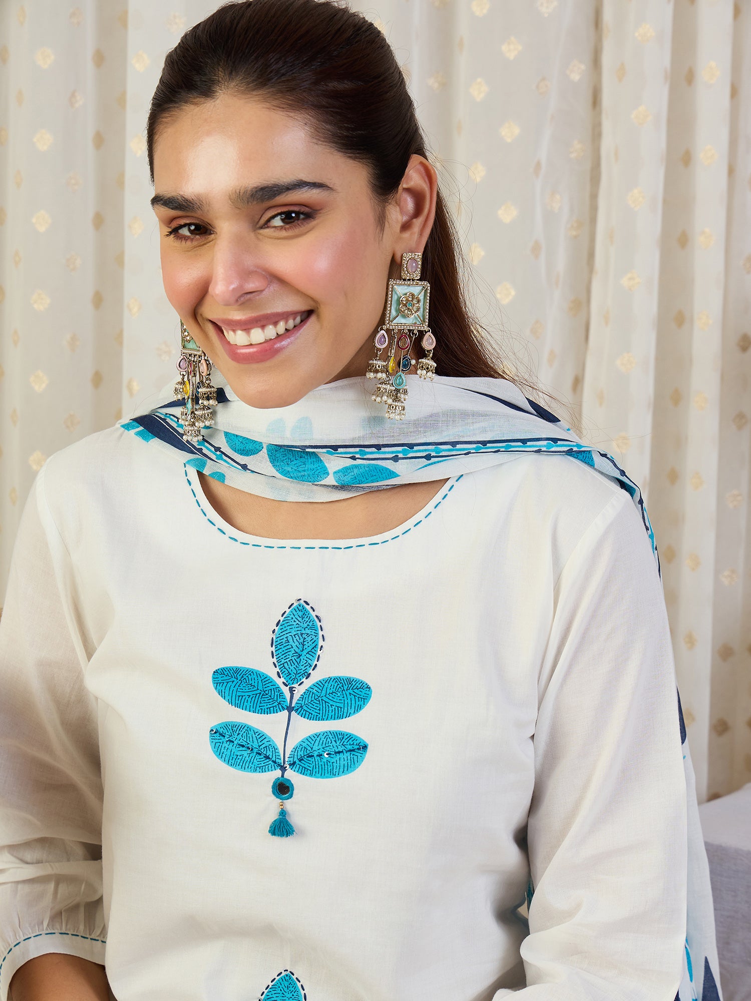 Indo Era White Printed Straight Kurta Palazzos With Dupatta Set