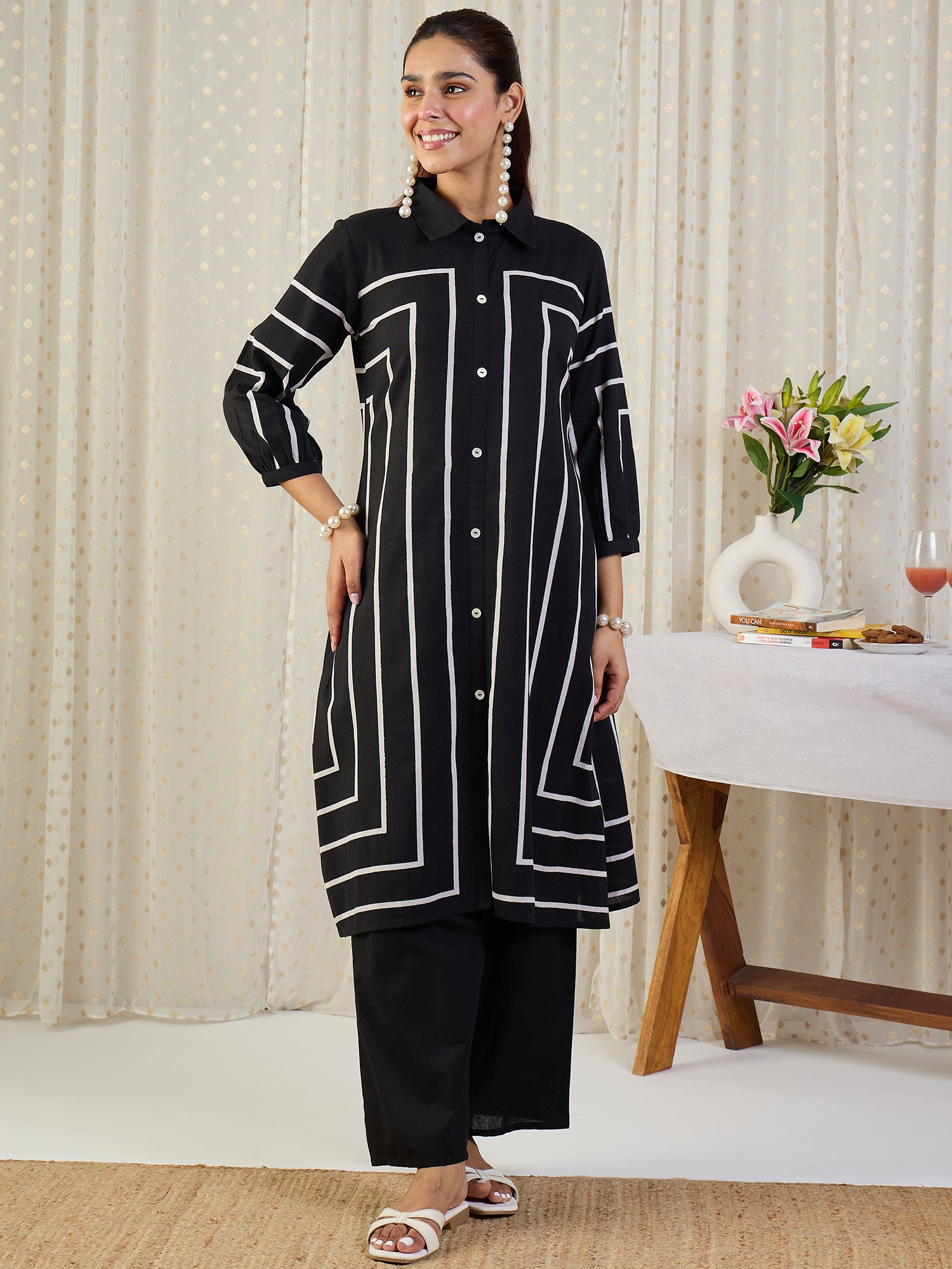 Indo Era Black Printed A-Line Kurta Palazzos Set