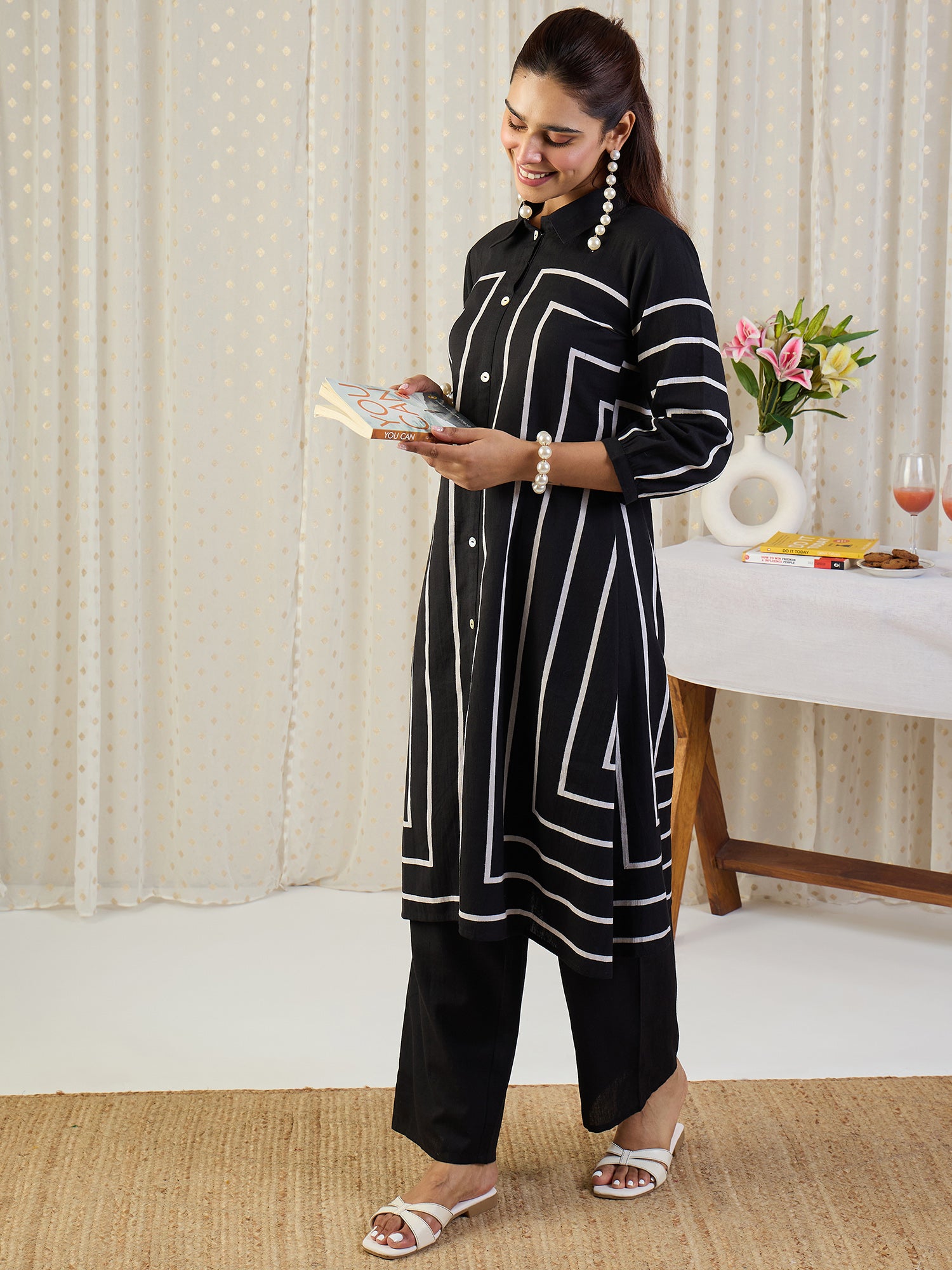 Indo Era Black Printed A-Line Kurta Palazzos Set