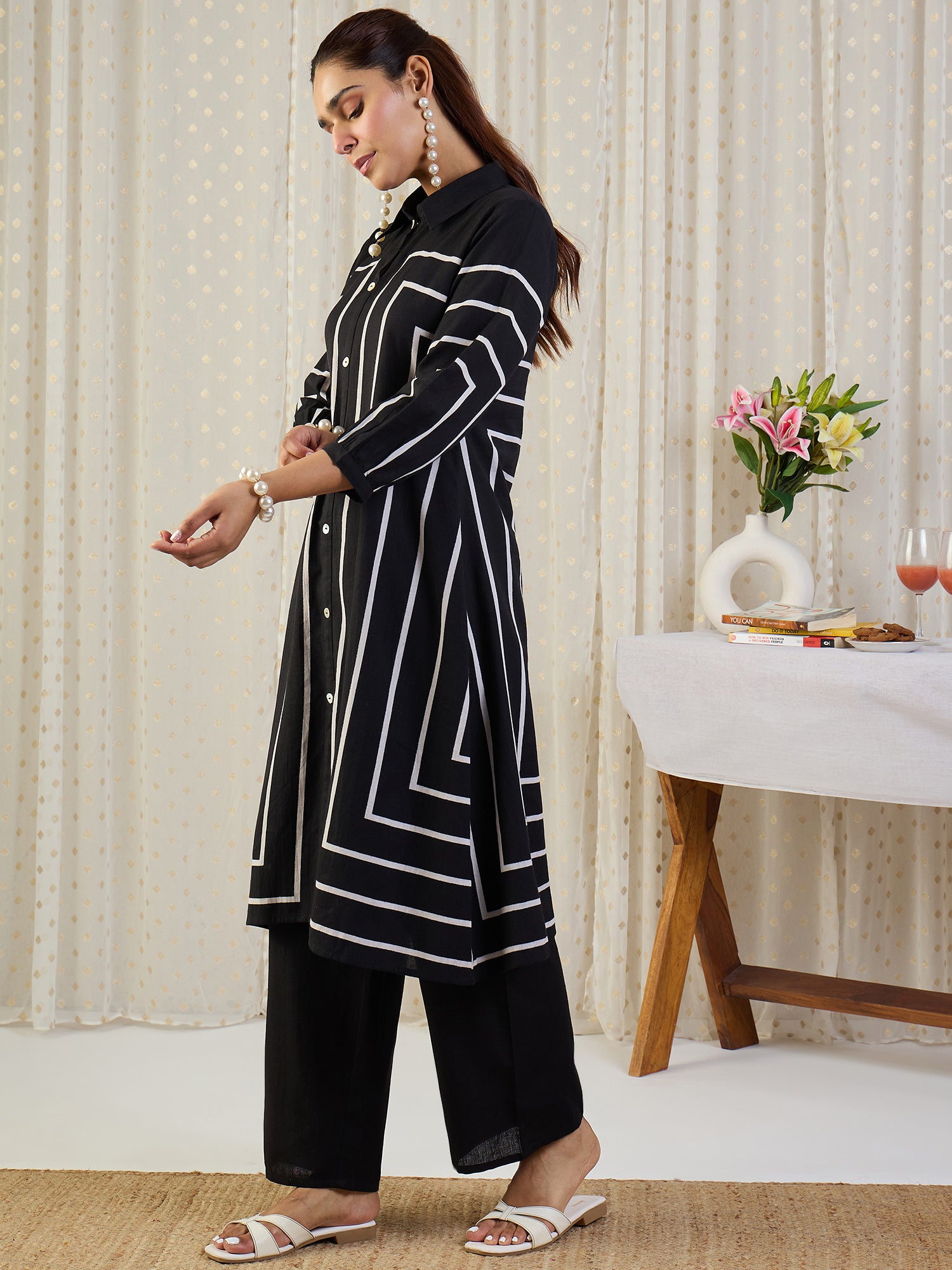 Indo Era Black Printed A-Line Kurta Palazzos Set