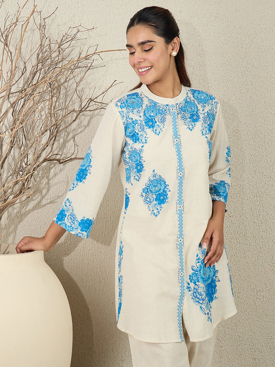 White Printed A-Line Pure Cotton Kurta Sets