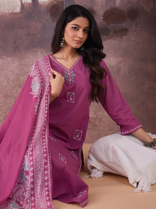 Indo Era Purple Printed Straight Kurta Trousers With Dupatta set