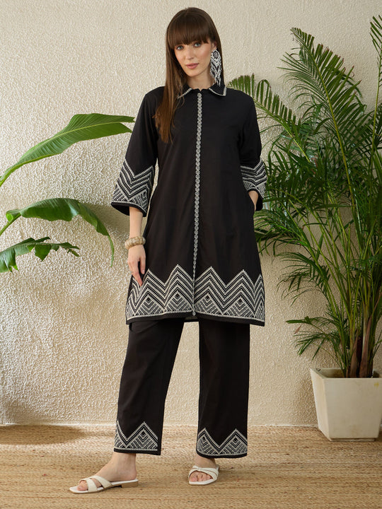 Indo Era Black Embroidered A-Line Kurta Trousers Set