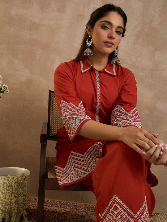 Rust Embroidered Pure Cotton A-Line Kurta Palazzo Set