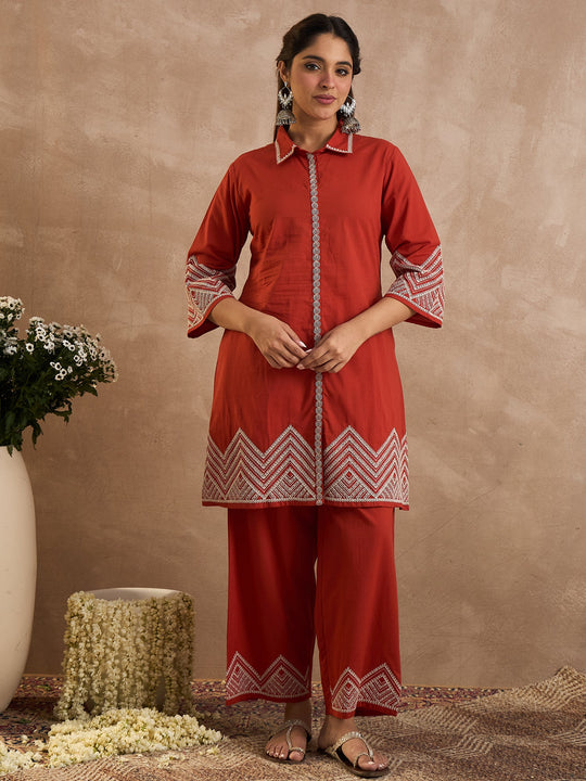 Rust Embroidered Pure Cotton A-Line Kurta Palazzo Set