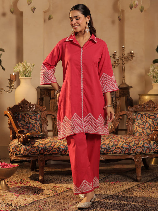 Pink Embroidered Pure Cotton A-Line Kurta Palazzo Set
