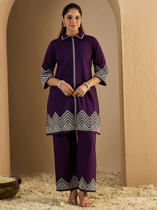 Purple Embroidered Pure Cotton A-Line Kurta Palazzo Set