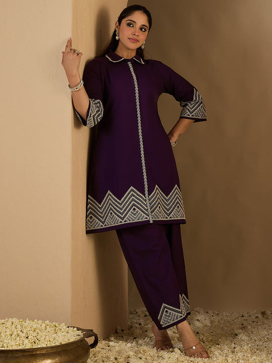 Purple Embroidered Pure Cotton A-Line Kurta Palazzo Set