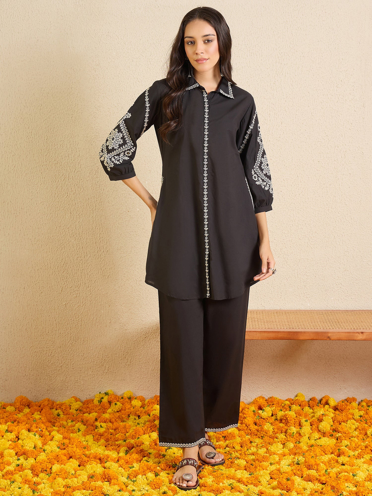 Indo Era Black Embroidered A-Line Kurta Palazzos Set