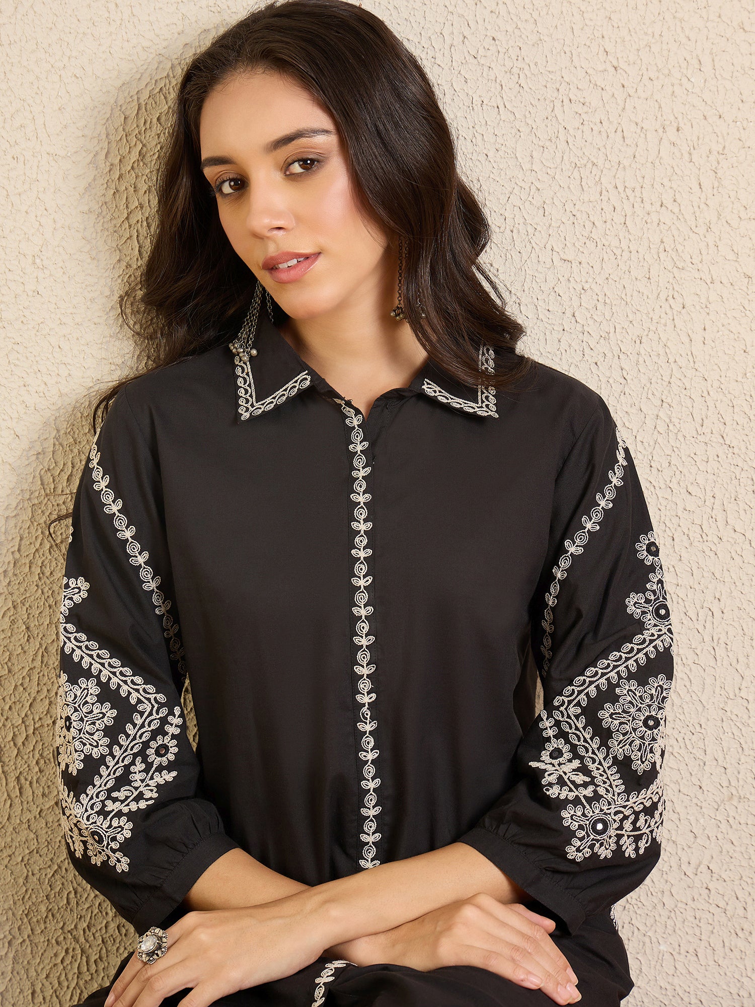 Indo Era Black Embroidered A-Line Kurta Palazzos Set