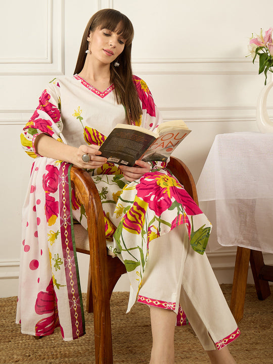 Indo Era White Printed Straight Kurta Trousers With Dupatta Set