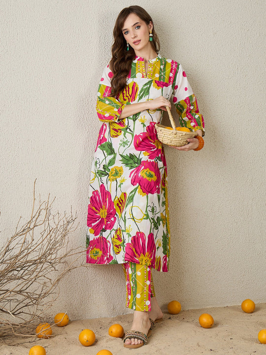 White Printed Pure Cotton A-Line Kurta Trousers Set