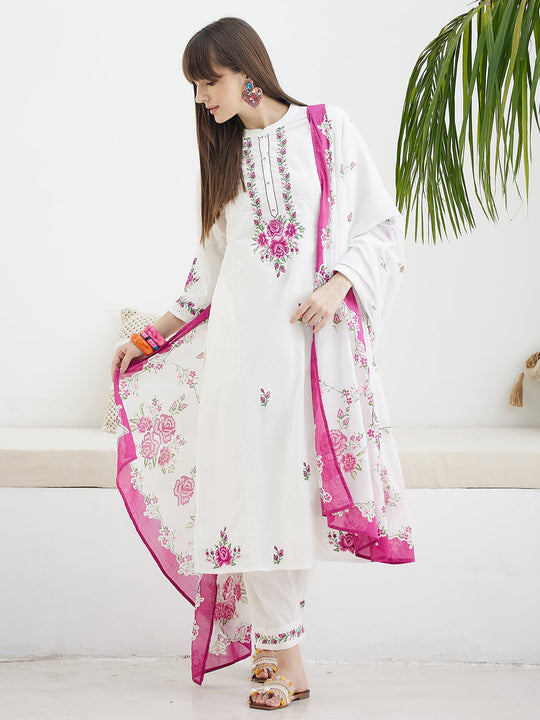 White Embroidered Pure Cotton Straight Suit Sets With Dupatta