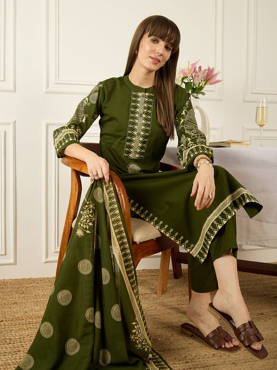 Indo Era Green Printed Straight Kurta Trousers With Dupatta set